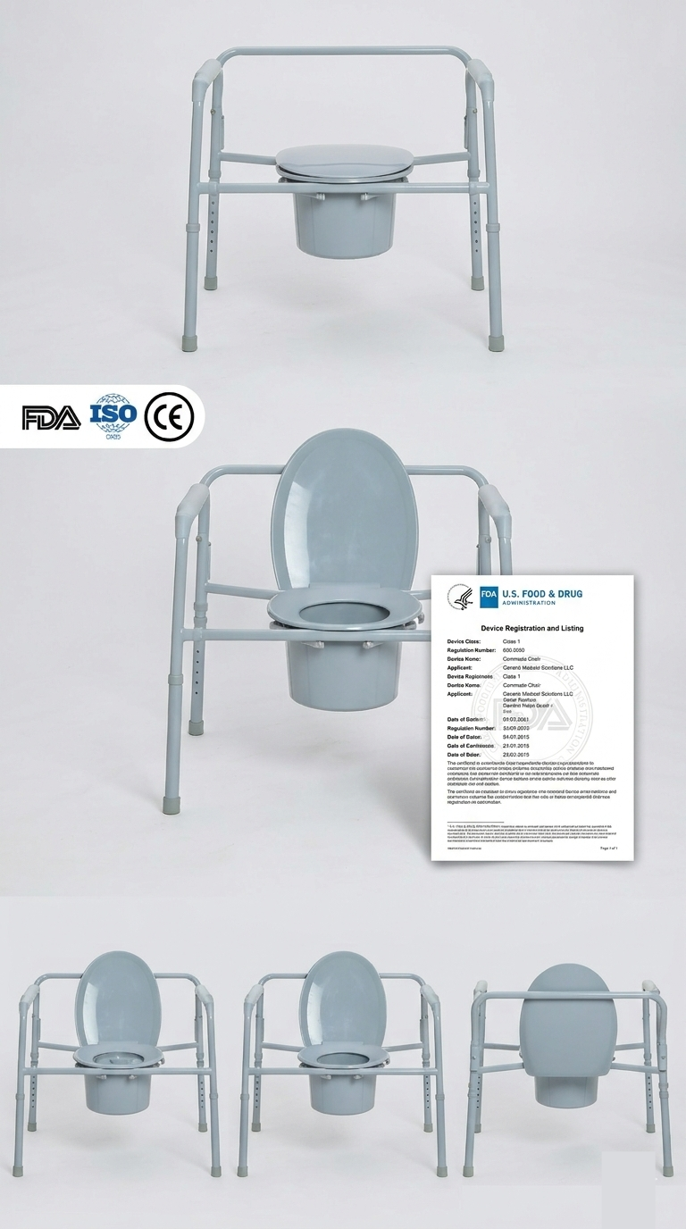 Зарегистрированный FDA бариатрический складной комод с прочной стальной рамой, выдерживающий нагрузку до 650 фунтов. Сертифицирован для рынков медицинского оборудования США (DME) и соответствует коду HCPCS E0168.
